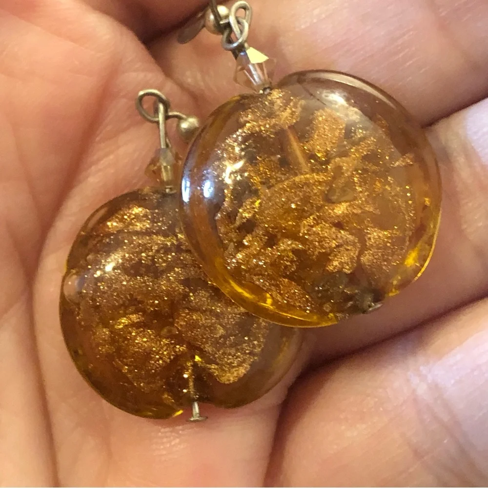 Vtg stamped 925 sterling silver & art glass copper mica dangle earrings Murano